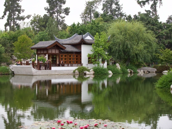 A pavilion across the lake at The Huntington, 2023