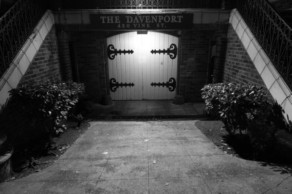 A courtyard doorway in black and white